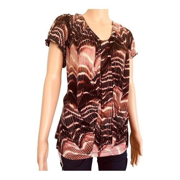 Worthington stretch flowy blouse/top geometrical ruched front bell short sleeves - Picture 3 of 13